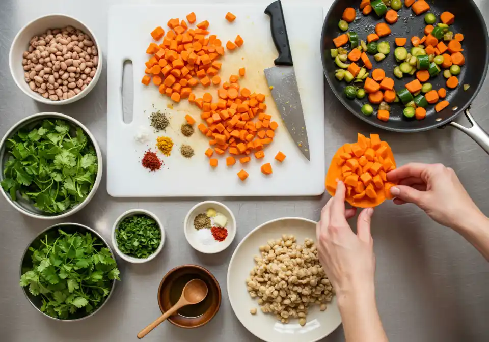 Chopt Soup recipe: An overhead shot of hands preparing ingredients for a soup, with chopped vegetables, seasonings and legumes placed around a cutting board and pan on a steel countertop.