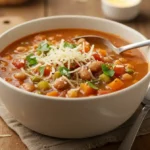 Chopt Soup recipe: A bowl of the finished vegetable and chickpea soup on a wooden surface, garnished with parmesan and basil, with two spoons and a candle in the background.