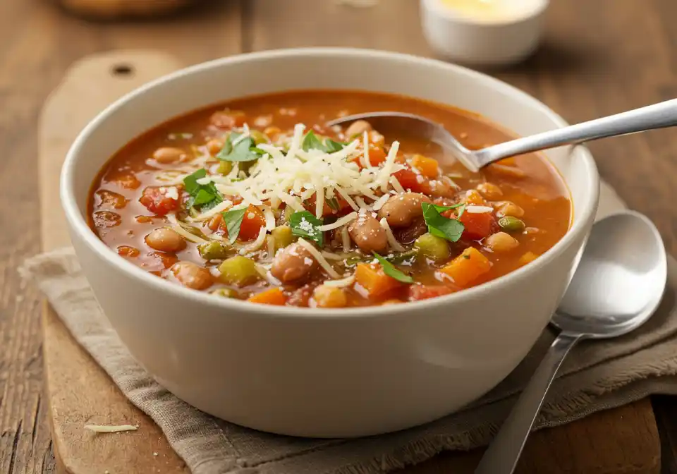 Chopt Soup recipe: A bowl of the finished vegetable and chickpea soup on a wooden surface, garnished with parmesan and basil, with two spoons and a candle in the background.