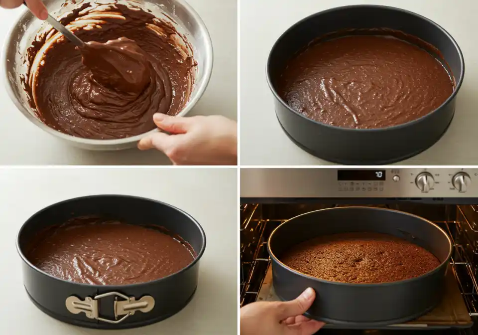 Prolific Oven Chocolate Orange Almond Cake Recipe: A four-panel image showing the steps of pouring the batter into the pan and baking the cake