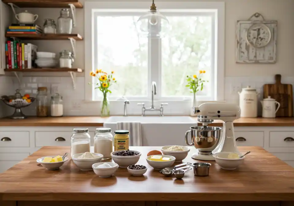 Prolific Oven Chocolate Orange Almond Cake Recipe: Baking ingredients for a chocolate orange almond cake in a bright and inviting country style kitchen with a mixer and a window.