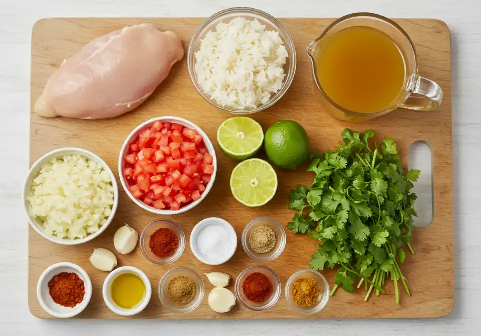 chopt spicy chicken soup recipe with rice: Fresh ingredients on a wooden cutting board.