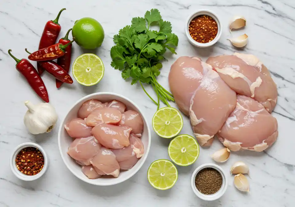 san antonio red grilled mexican chicken marinade recipe: An overhead shot of ingredients needed to prepare the San Antonio red chili chicken marinade.