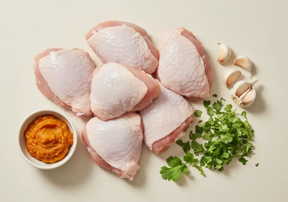 Churu Chicken Amarillo: An overhead shot of raw chicken thighs along with fresh cilantro and fresh garlic along with orange sauce on a white surface.