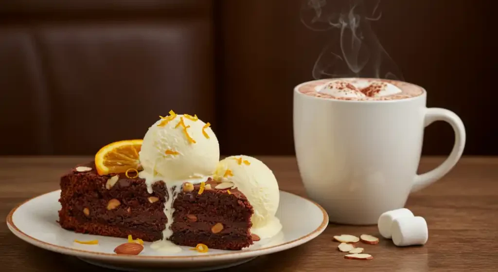  Prolific Oven Chocolate Orange Almond Cake Recipe: A warm scene featuring a piece of chocolate cake with vanilla ice cream next to a hot chocolate with marshmallows on a wooden table.