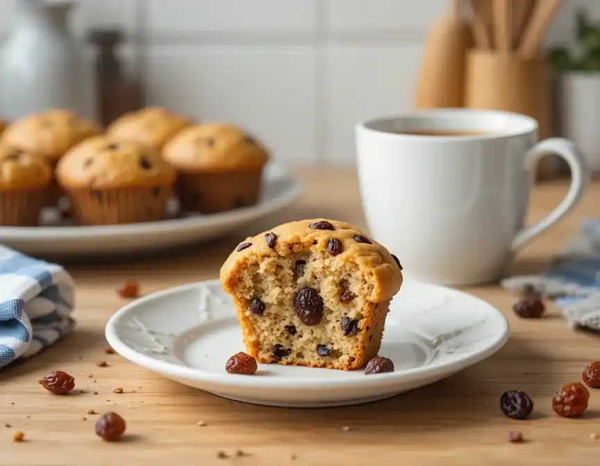 gaps raisin muffins recipe: A raisin muffins broken in half with a coffe next to it.