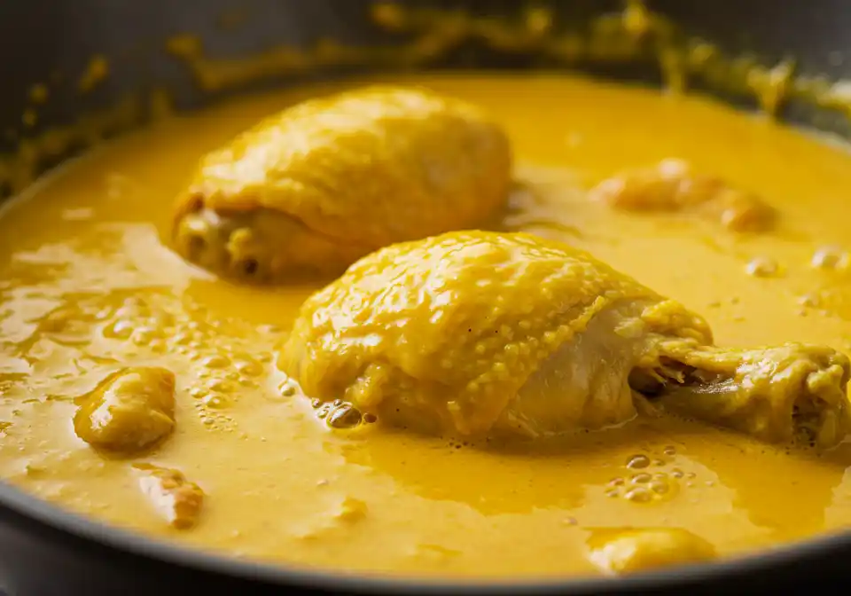 Churu Chicken Amarillo: chicken being pan-fried in a skillet, chicken is covered in orange amarillo sauce