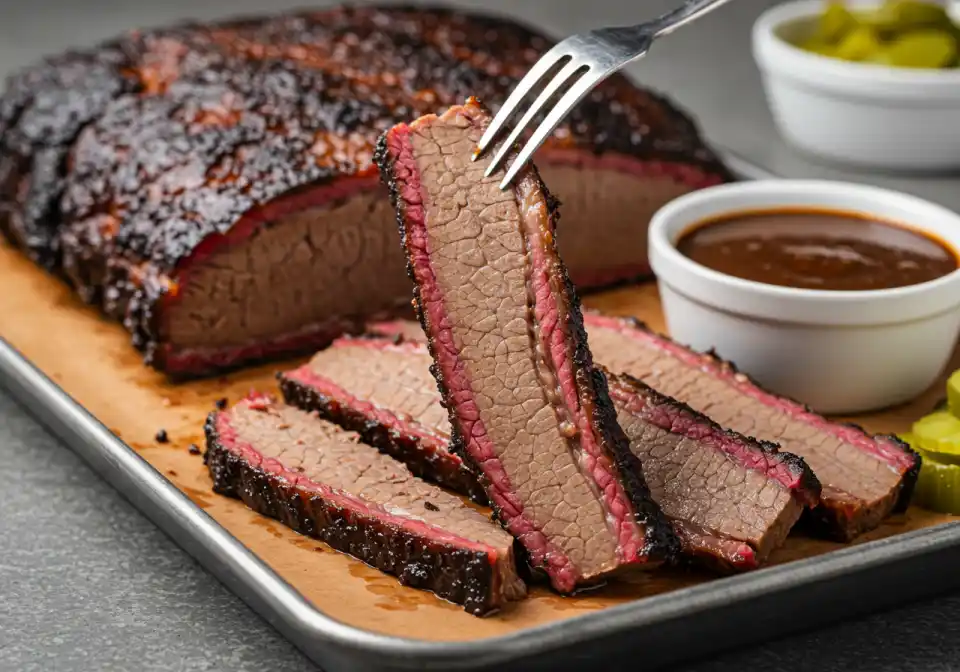 beef bouillon powder for brisket recipe: A close-up of freshly sliced beef brisket being prepared with bbq sauce.