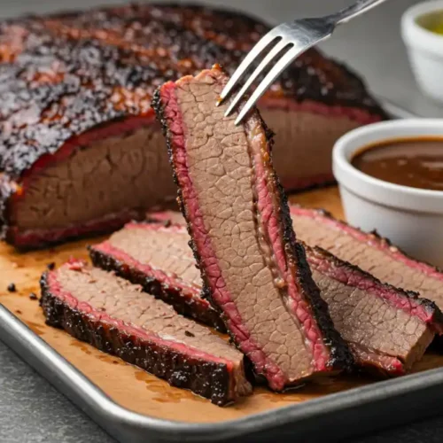 beef bouillon powder for brisket recipe: A close-up of freshly sliced beef brisket being prepared with bbq sauce.