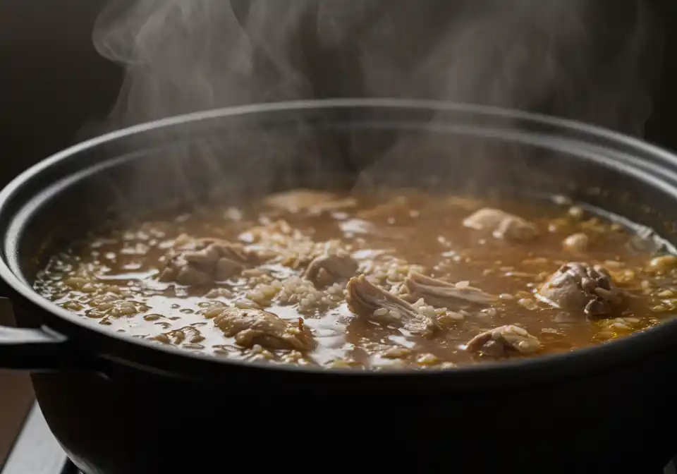 chopt spicy chicken soup recipe with rice: A shot of fresh chicken soup boiling in a pot.