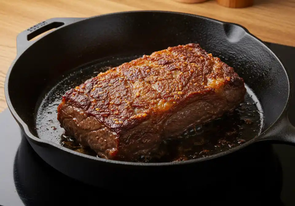 beef bouillon powder for brisket recipe: A close-up of a beef brisket pan frying in a cast iron skillet.