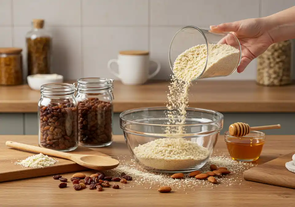 gaps raisin muffins recipe: A shot of ground almonds being poured into a bowl of baking ingredients.