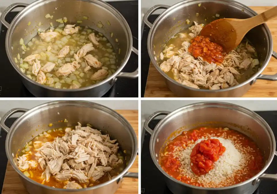 chopt spicy chicken soup recipe with rice: A four-panel shot of each phase in the chicken soup creation process.