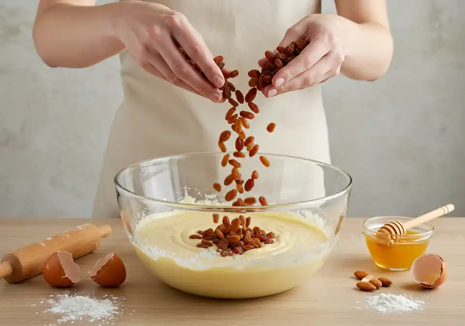 gaps raisin muffins recipe: Hands sprinkling a heap of raisins into a bowl with batter.