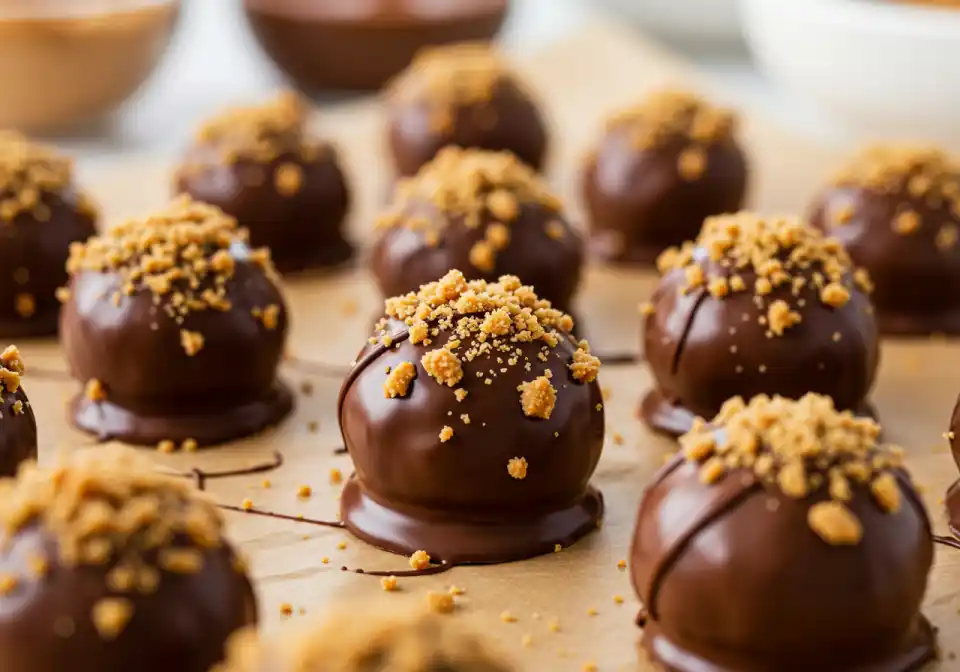 Butterfinger Balls dipped in chocolate with crushed Butterfingers on top.