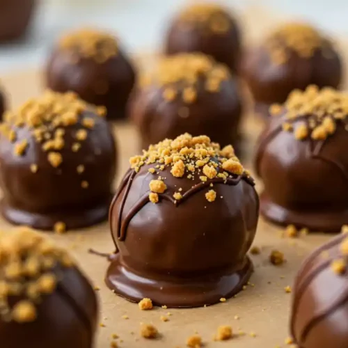 Butterfinger Balls dipped in chocolate with crushed Butterfingers on top.