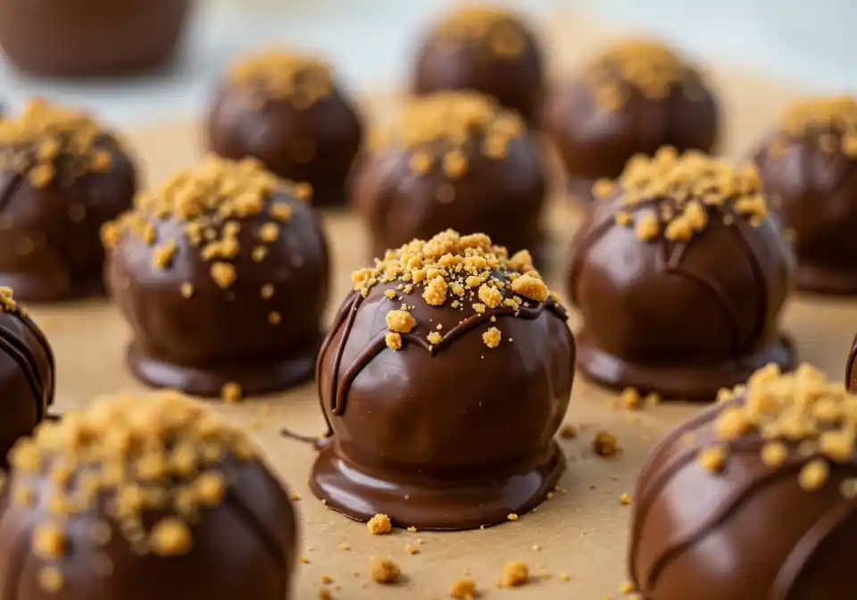 Butterfinger Balls dipped in chocolate with crushed Butterfingers on top.