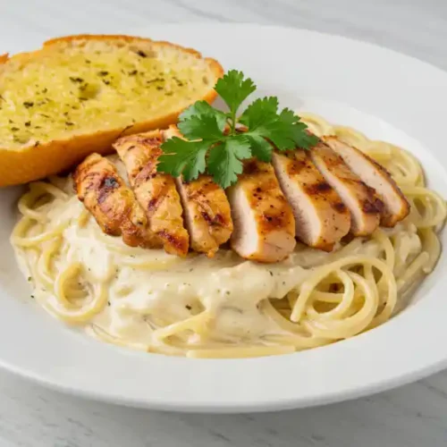 Justalittlebite Recipes: Chicken alfredo spaghetti is ready to serve with bread on a white plate.