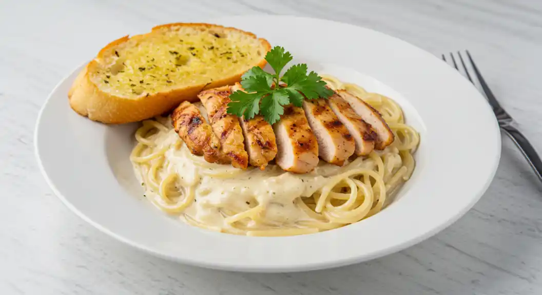 Justalittlebite Recipes: Chicken alfredo spaghetti is ready to serve with bread on a white plate.