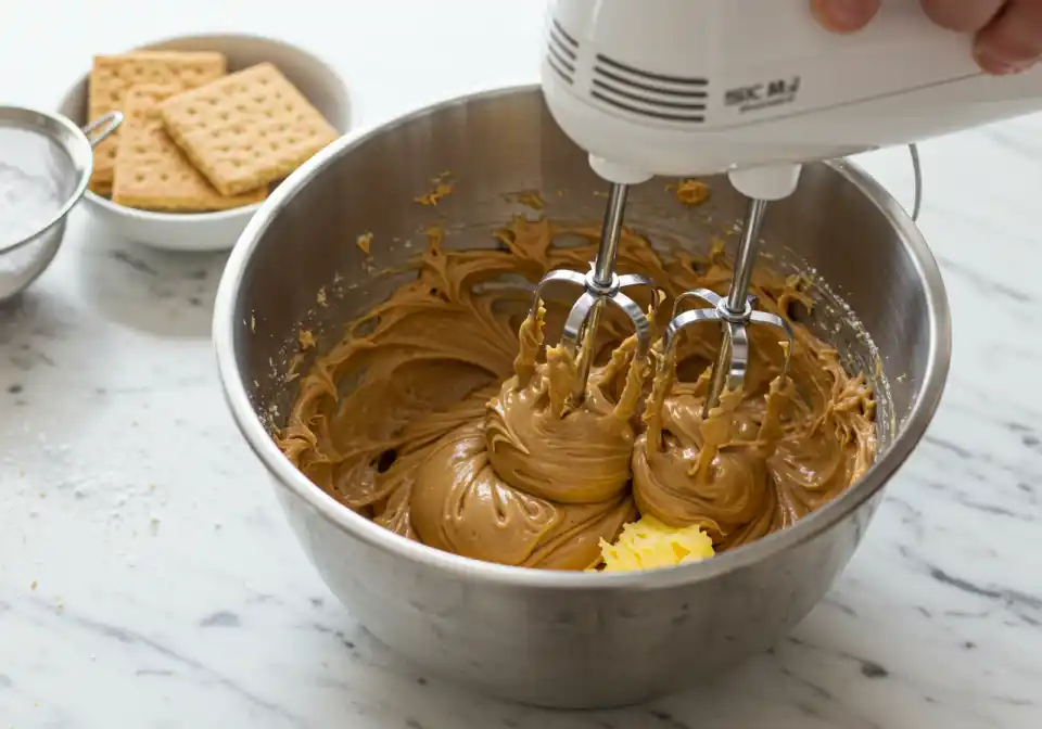 Mixing peanut butter and butter for Butterfinger Balls.