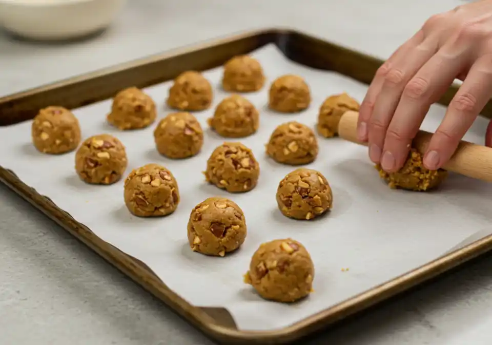 Rolling Butterfinger dough into balls on a baking sheet.