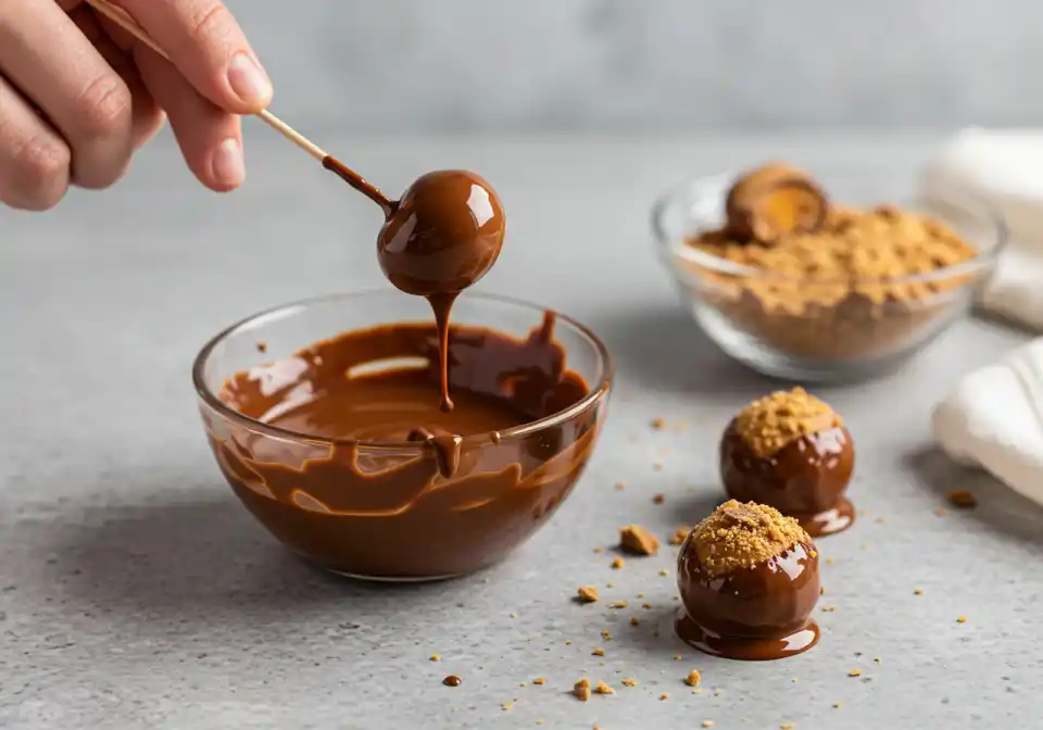 Dipping Butterfinger balls in melted chocolate.