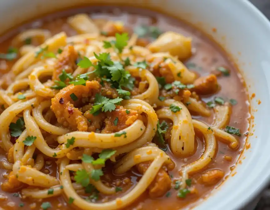 The Best Persian Chicken Noodle Soup Recipe: A macro close-up of Persian Chicken Noodle Soup, with chicken, noodles, and herbs in a white bowl.