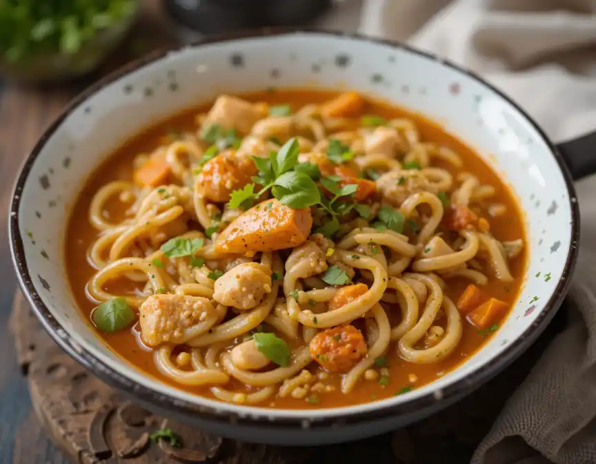 Persian Chicken Noodle Soup: Close-up of Persian Chicken Noodle Soup with fresh ingredients in a bowl on top of wood.