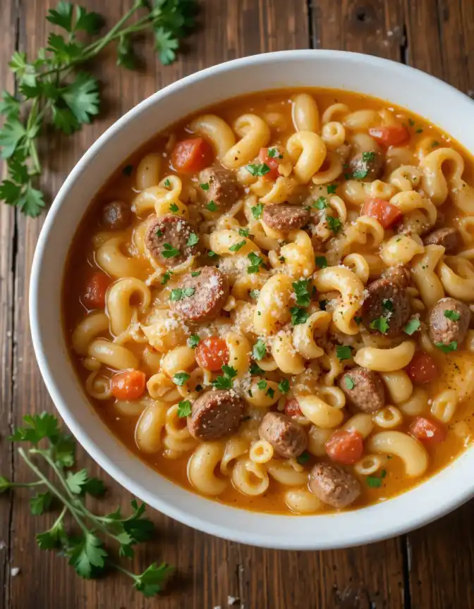 Steaming bowl of creamy Parmesan Italian Sausage Ditalini Soup with sausage and pasta.