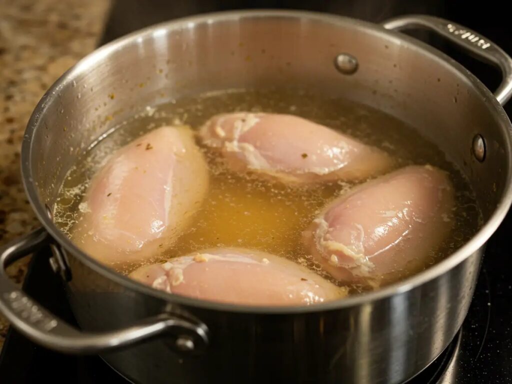 Raw chicken breasts simmering in broth in a stainless steel pot, an early step for homemade chicken noodle soup over mashed potatoes.