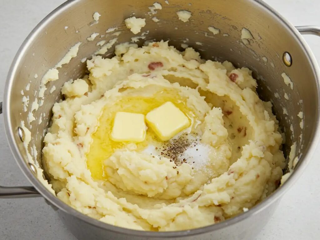 Pot of fluffy mashed potatoes with butter and seasoning, the base for Chicken Noodle Soup Over Mashed Potatoes.
