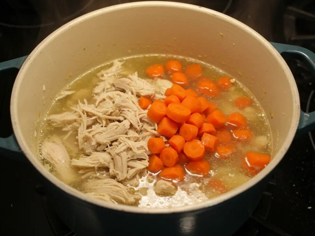 Shredded chicken and sliced carrots simmering in broth, key ingredients for Chicken Noodle Soup Over Mashed Potatoes.