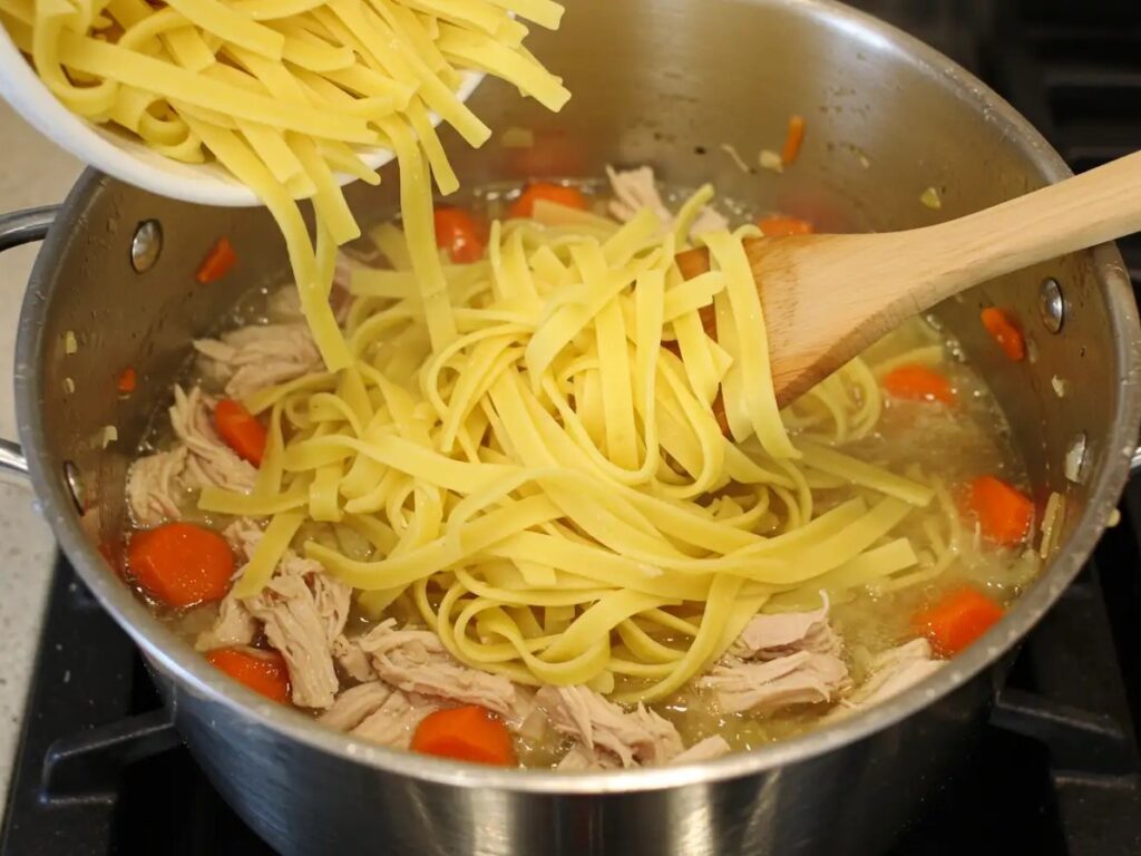 Adding egg noodles to a pot of chicken and carrots in broth, a step in making Chicken Noodle Soup Over Mashed Potatoes.