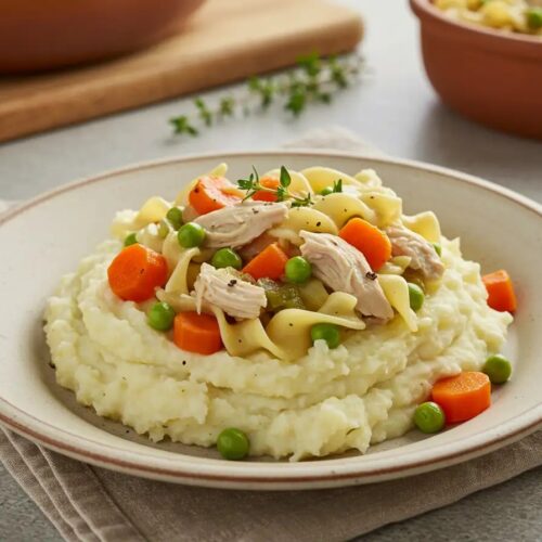 A comforting plate of Chicken Noodle Soup Over Mashed Potatoes, garnished with fresh herbs