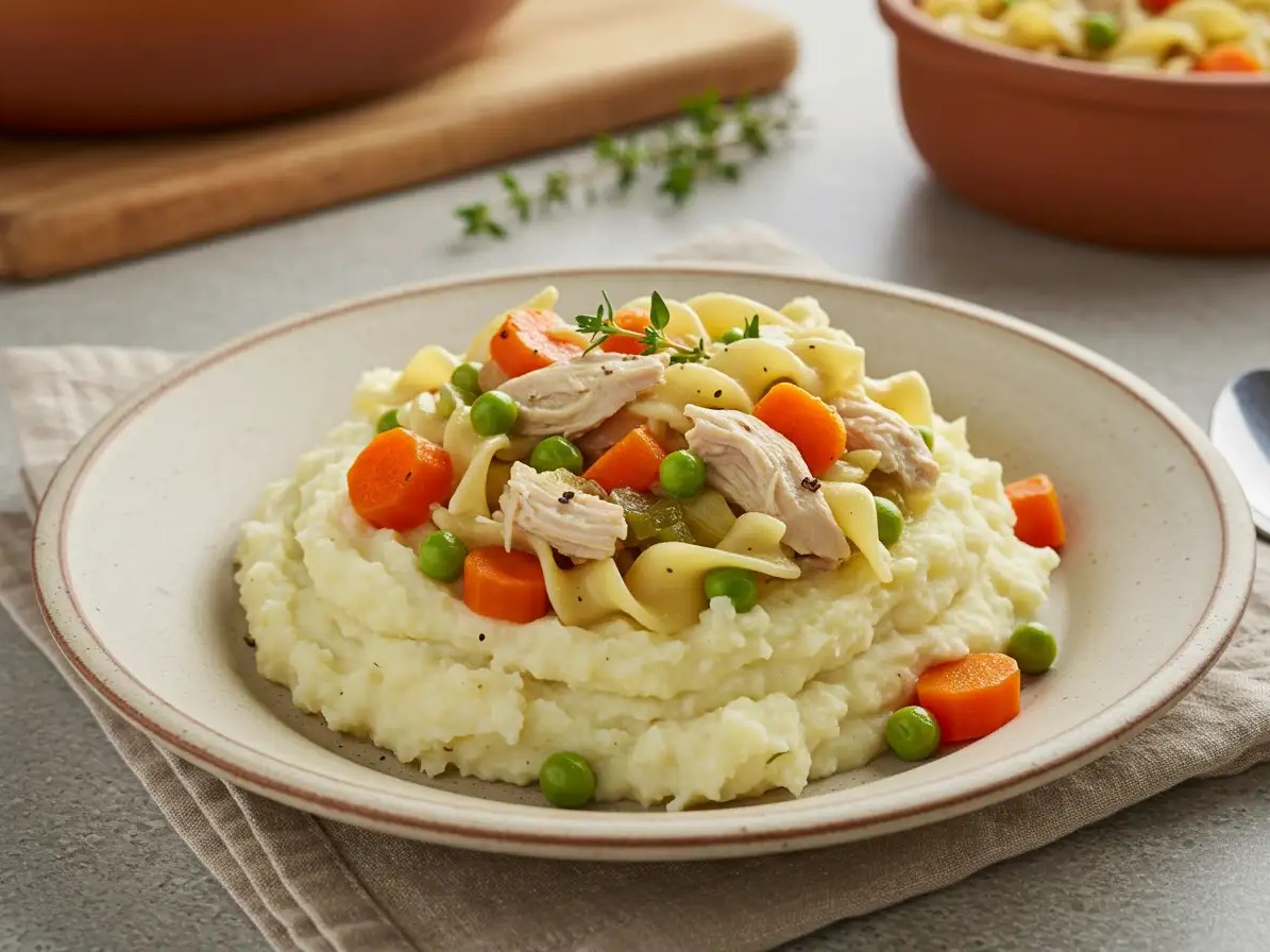 A comforting plate of Chicken Noodle Soup Over Mashed Potatoes, garnished with fresh herbs