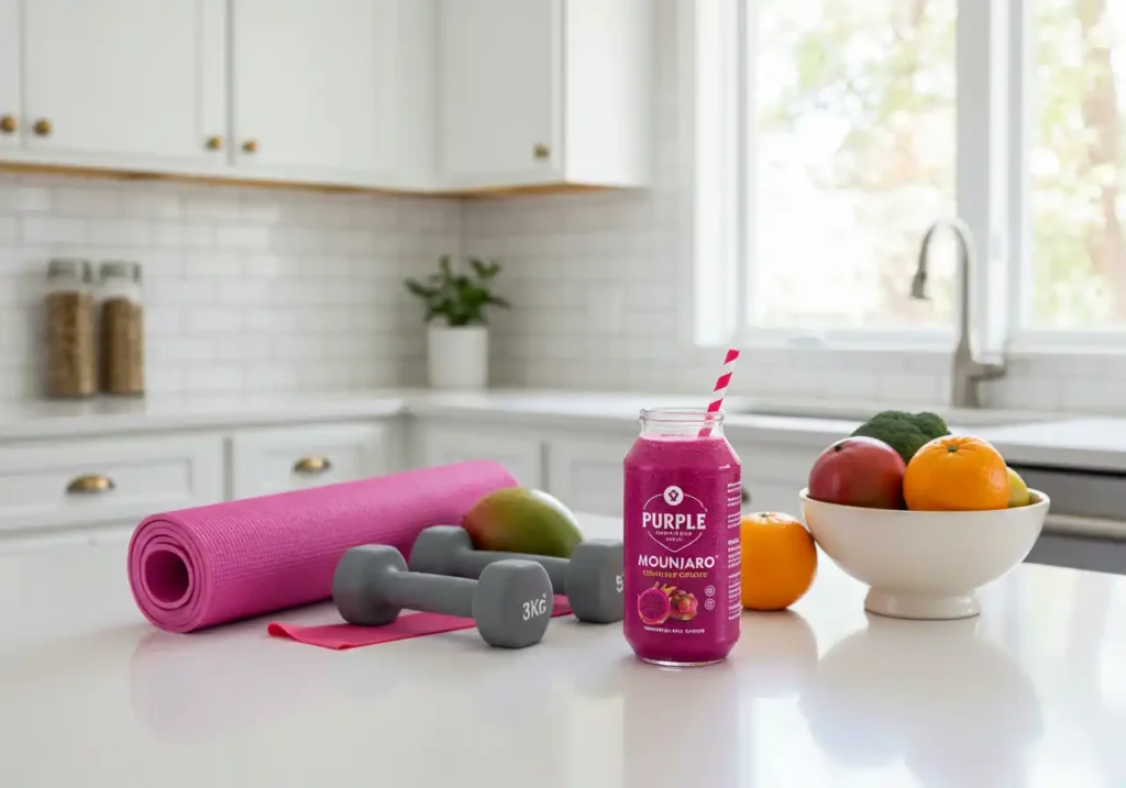 Purple Dragon Fruit Mounjaro drink on a white counter next to fresh fruits and workout gear symbolizing a healthy lifestyle.