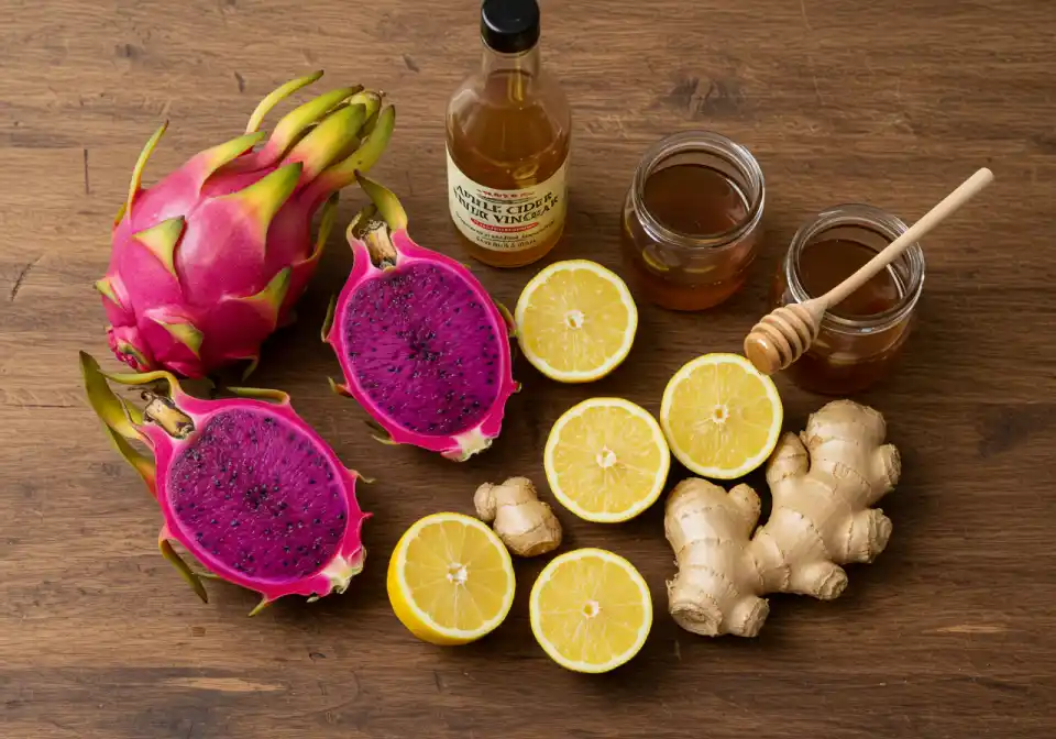 Fresh purple dragon fruit, lemon slices, ginger root, apple cider vinegar bottle, and honey jar arranged on a clean kitchen countertop for Purple Dragon Fruit Mounjaro drink.