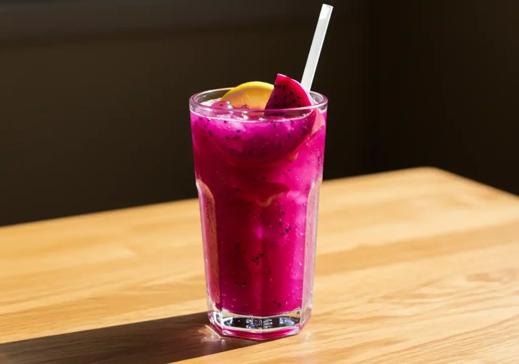 Clear square glass filled with vibrant Purple Dragon Fruit Mounjaro drink garnished with fresh dragon fruit slices and lemon wedges on a white background.