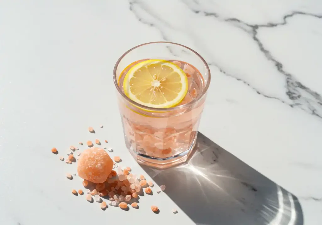 Pink Salt Recipe Detox Drink with Lemon on White Marble