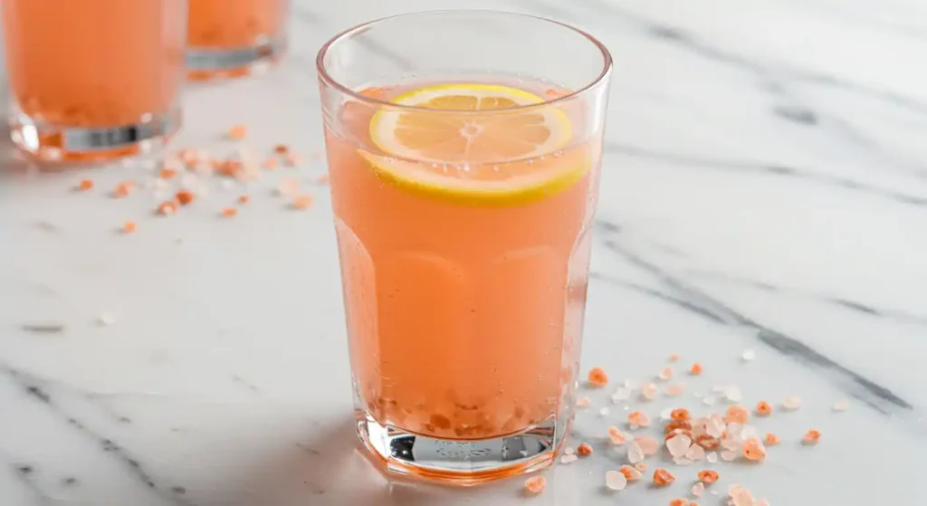 Close-up tilted glass of pink salt trick recipe with lemon slice and pink Himalayan salt crystals