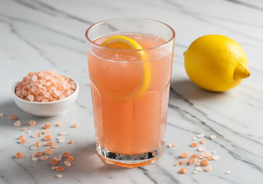 Clear glass of pink salt trick recipe with pink Himalayan salt crystals on marble surface