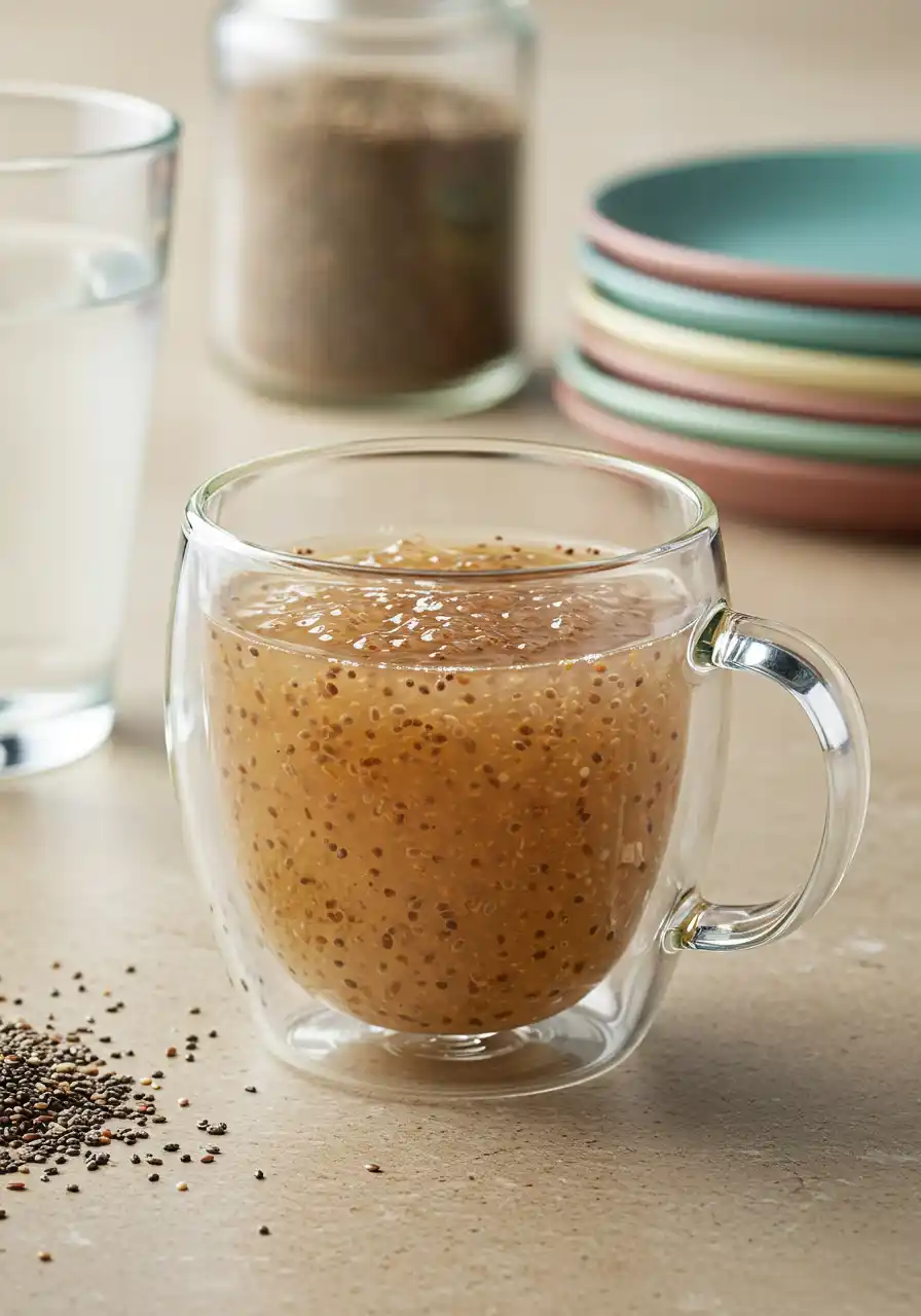 Bariatric seed trick using soaked chia seeds in a clear glass mug on a kitchen counter.