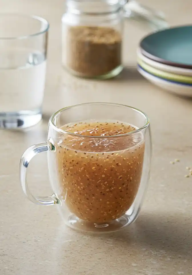 Chia seed gel in a double-walled glass mug – a practical example of the bariatric seed trick.