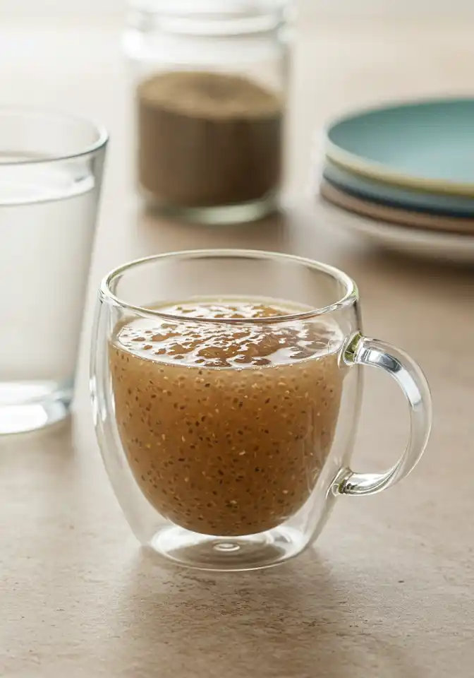 Bariatric seed trick using a clear mug filled with chia gel on a neutral kitchen surface.