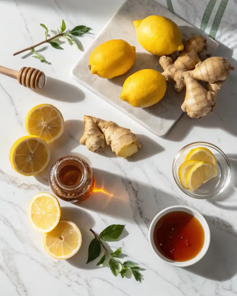 Flat-lay of ingredients for the natural zepbound recipe on a white marble surface