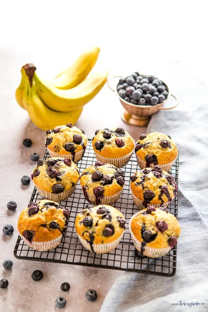 Delicious Banana Blueberry Muffins fresh out of the oven