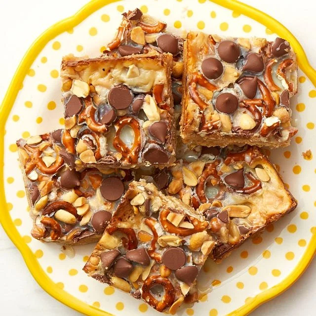 Delicious homemade Butterscotch Pretzel Bars on a white plate