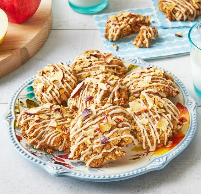 Delicious Caramel Apple Cookies with chunks of apple and drizzled caramel