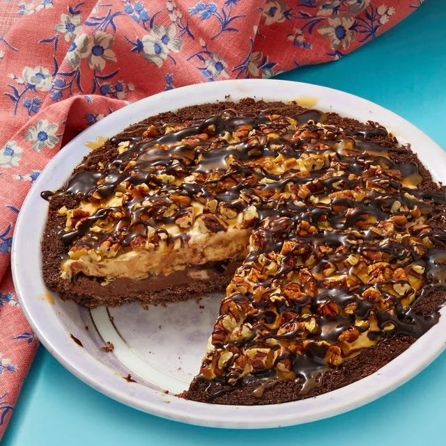 Delicious Caramel-Chocolate-Pecan Ice Cream Pie with rich toppings