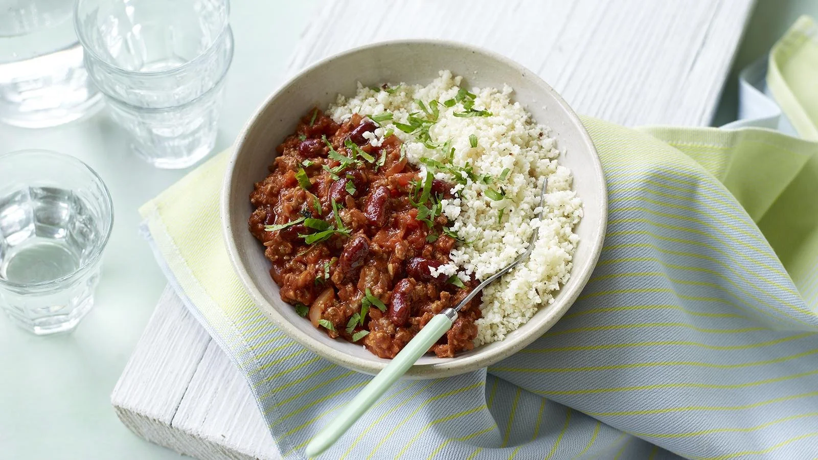 Chilli Con Carne served with Cauliflower Rice in a bowl